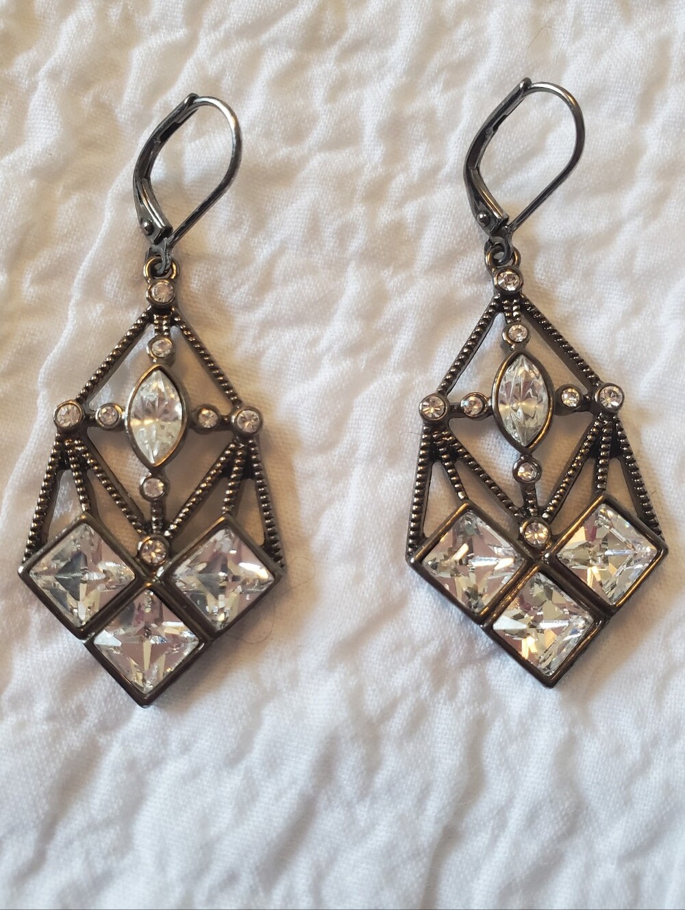 Givency Vintage Crystal Geometric Drop Earrings With Dark Gunmetal Finish